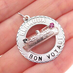 CREA 925 Sterling Silver Vintage Rhinestone Bermuda Bon Voyage Charm Pendant